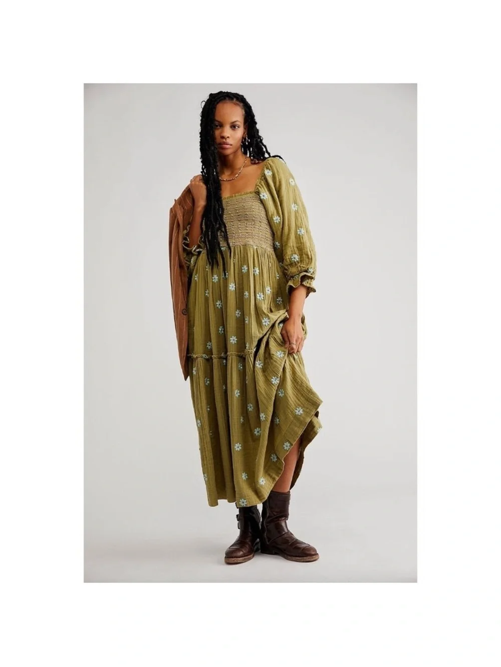 NWT free people Olive Green Floral Smocked Maxi